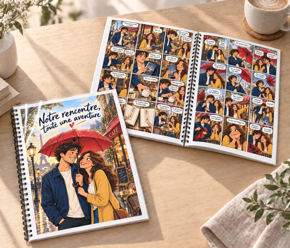 Mise en situation illustrée d’un album COMIXIO avec sa couverture et ses planches personnalisées.