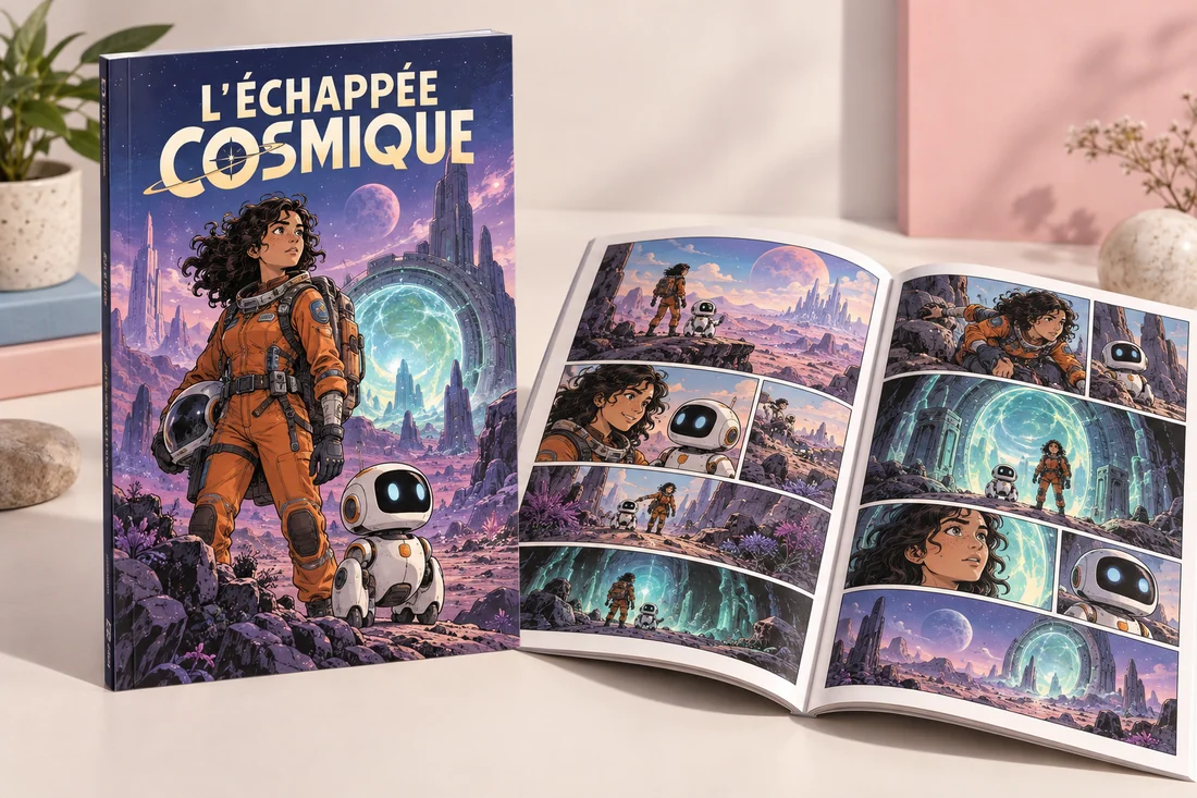 L’Échappée cosmique : exemple de couverture et de planches d’une aventure spatiale