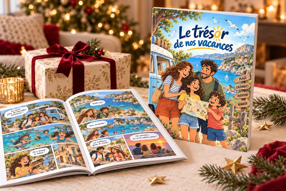 Une BD personnalisée de souvenirs de vacances en famille, Le trésor de nos vacances, prête à offrir dans un décor de Noël.