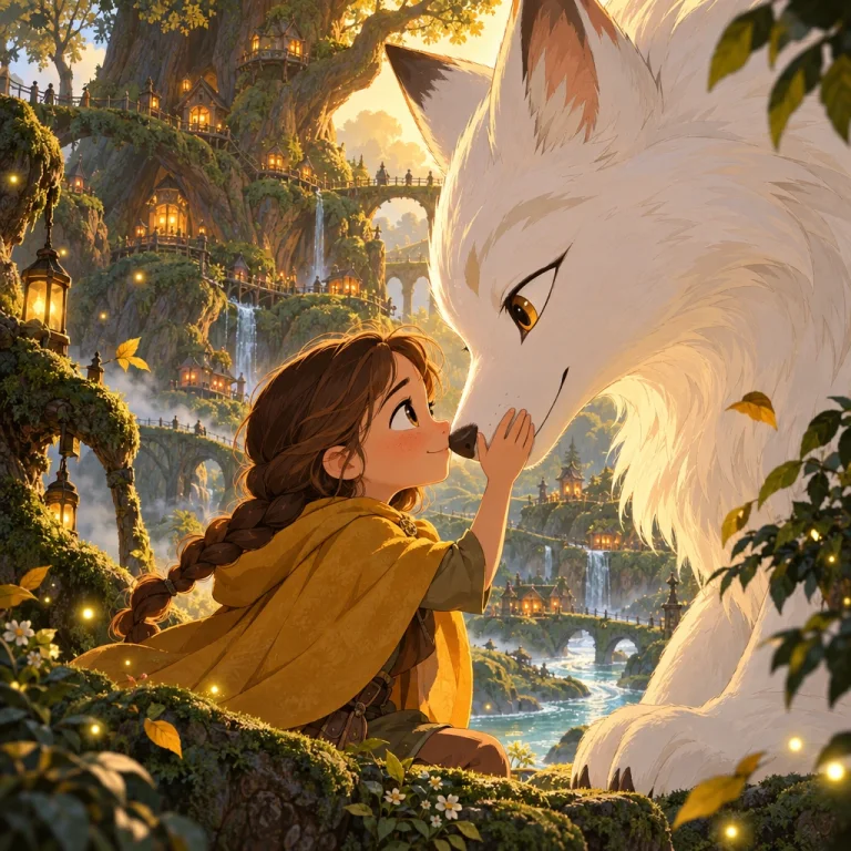 Petite héroïne et renard blanc géant dans une forêt enchantée peinte à la main