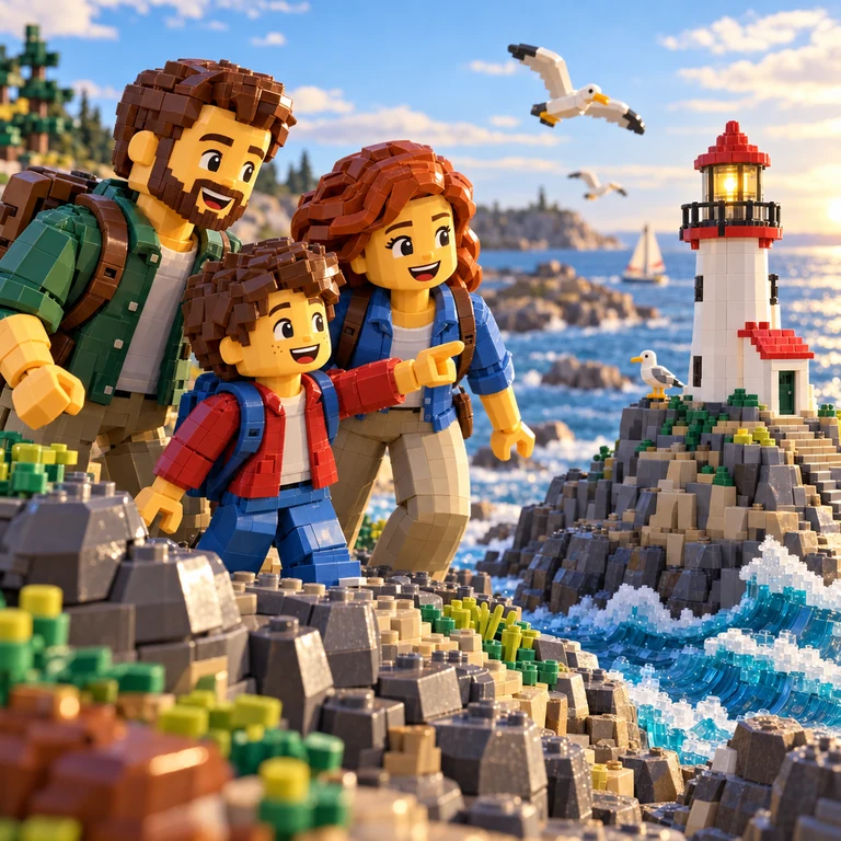 Famille en briques de construction devant un phare au bord de la mer