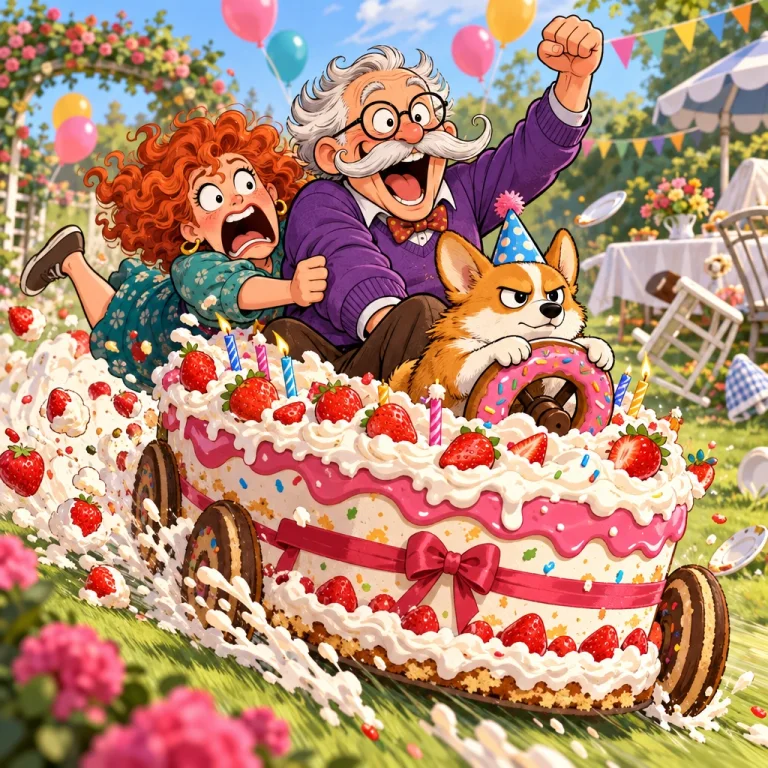 Un grand-père chevauche un gâteau d’anniversaire incontrôlable avec son ami et un corgi