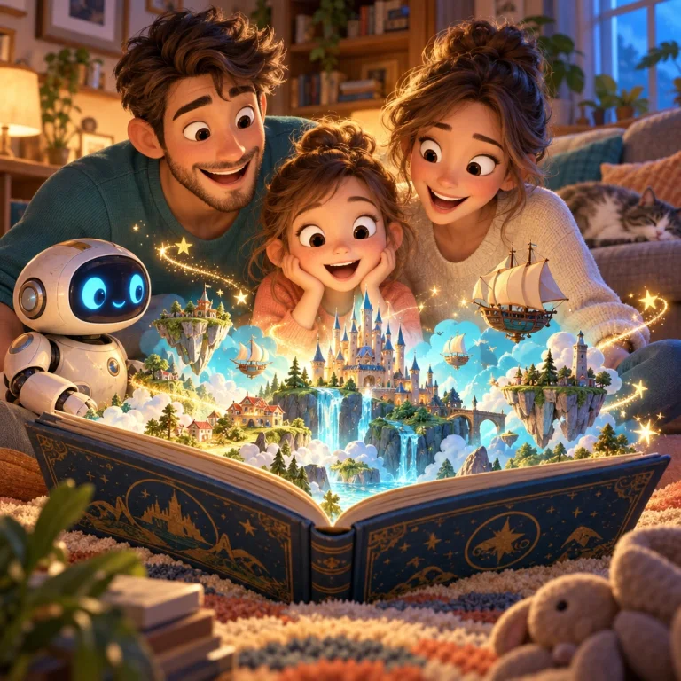 Famille en film d’animation 3D découvrant un monde magique dans un livre animé