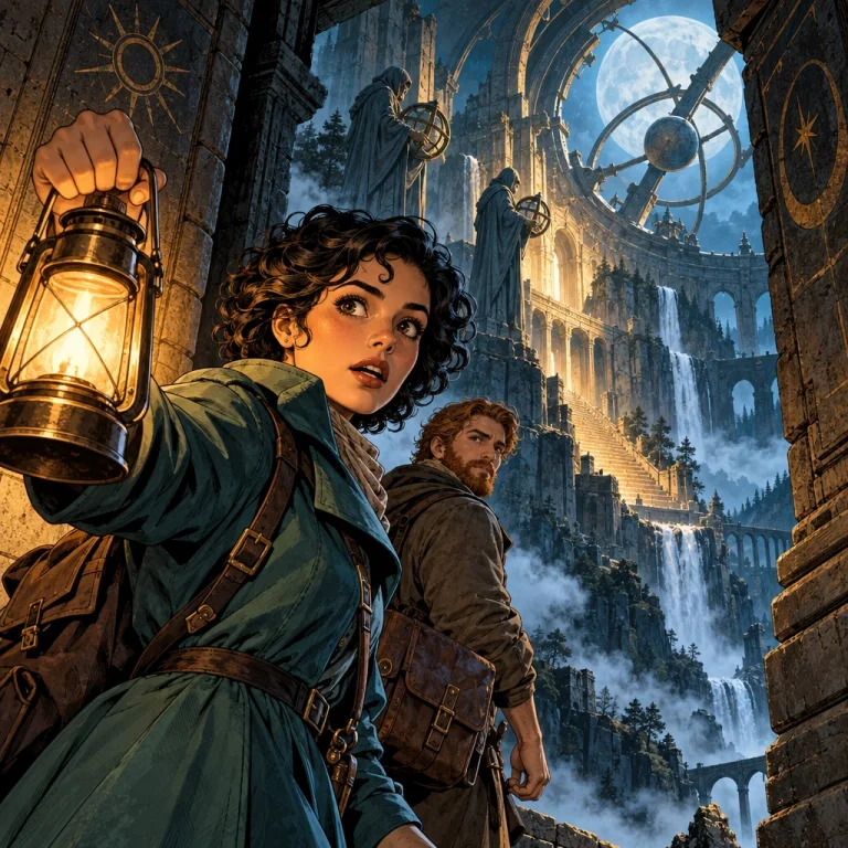 Deux explorateurs découvrent un observatoire monumental dans une falaise, en BD cinématique