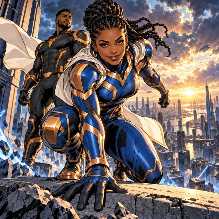 Super-héroïne originale en armure cobalt et cuivre dominant une ville spectaculaire