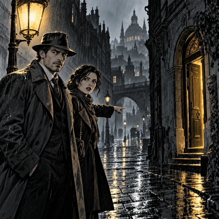 Scène de roman graphique noir, encrage contrasté et lumière dramatique