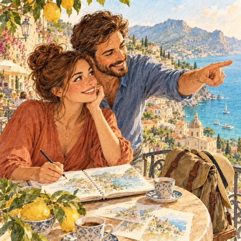 Couple dessinant son voyage au bord de la Méditerranée, en aquarelle et crayon