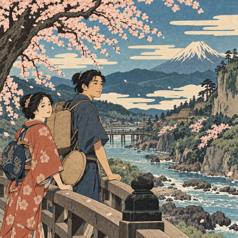 Scène inspirée de l’estampe japonaise, contours précis et couleurs imprimées