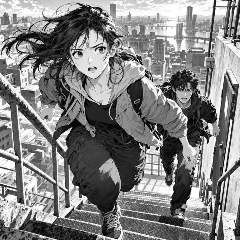 Personnages de manga dessinés à l’encre noire avec trames et contrastes