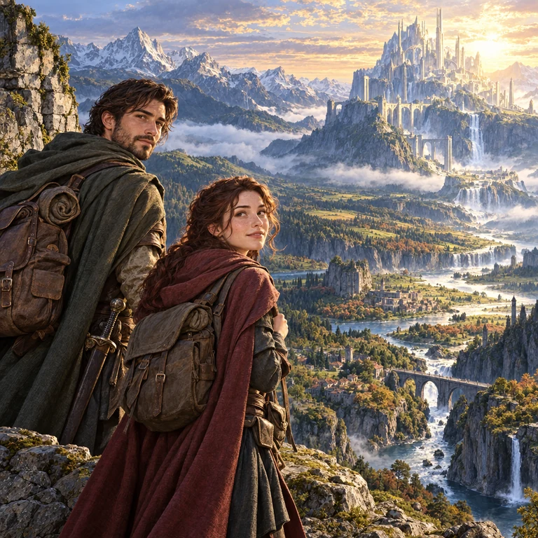 Univers de fantasy peint, personnages expressifs et paysage lumineux