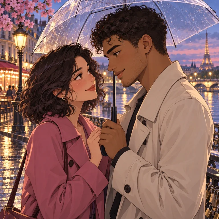 Couple de webtoon sous un parapluie, sur une passerelle parisienne illuminée