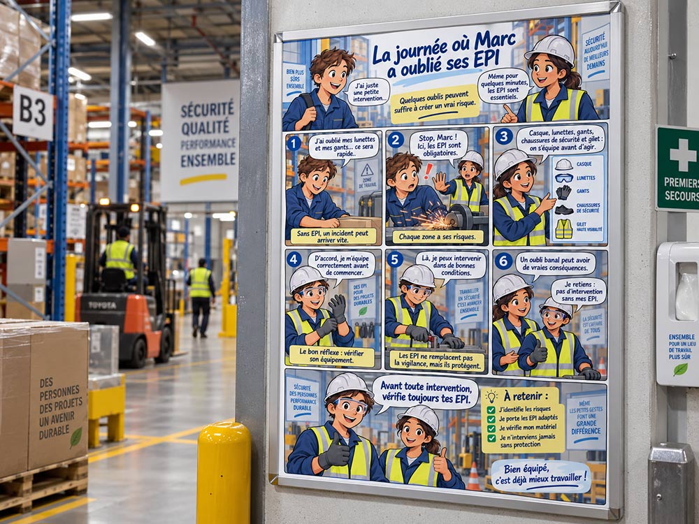 BD pédagogique de prévention EPI affichée dans un entrepôt