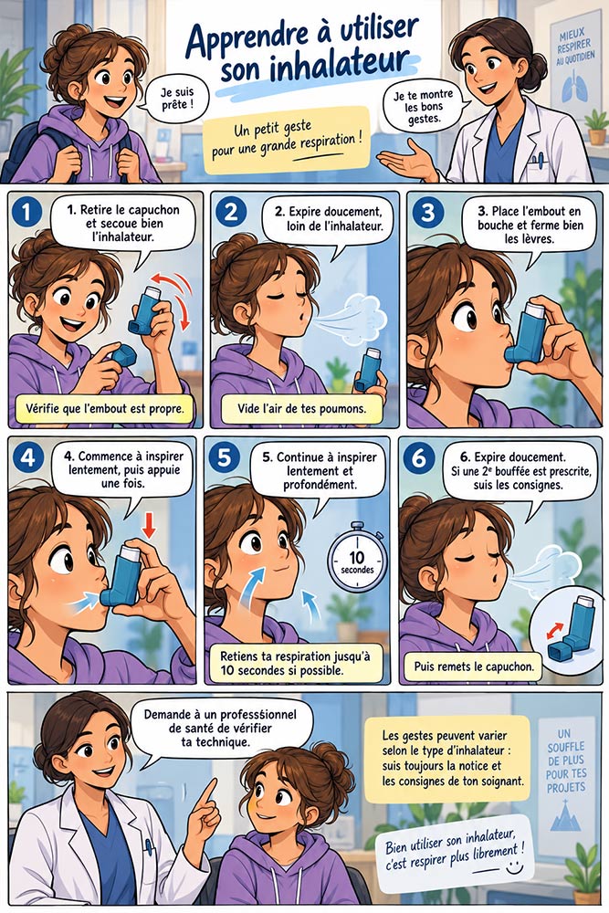 Planche BD pédagogique expliquant l'utilisation d'un inhalateur